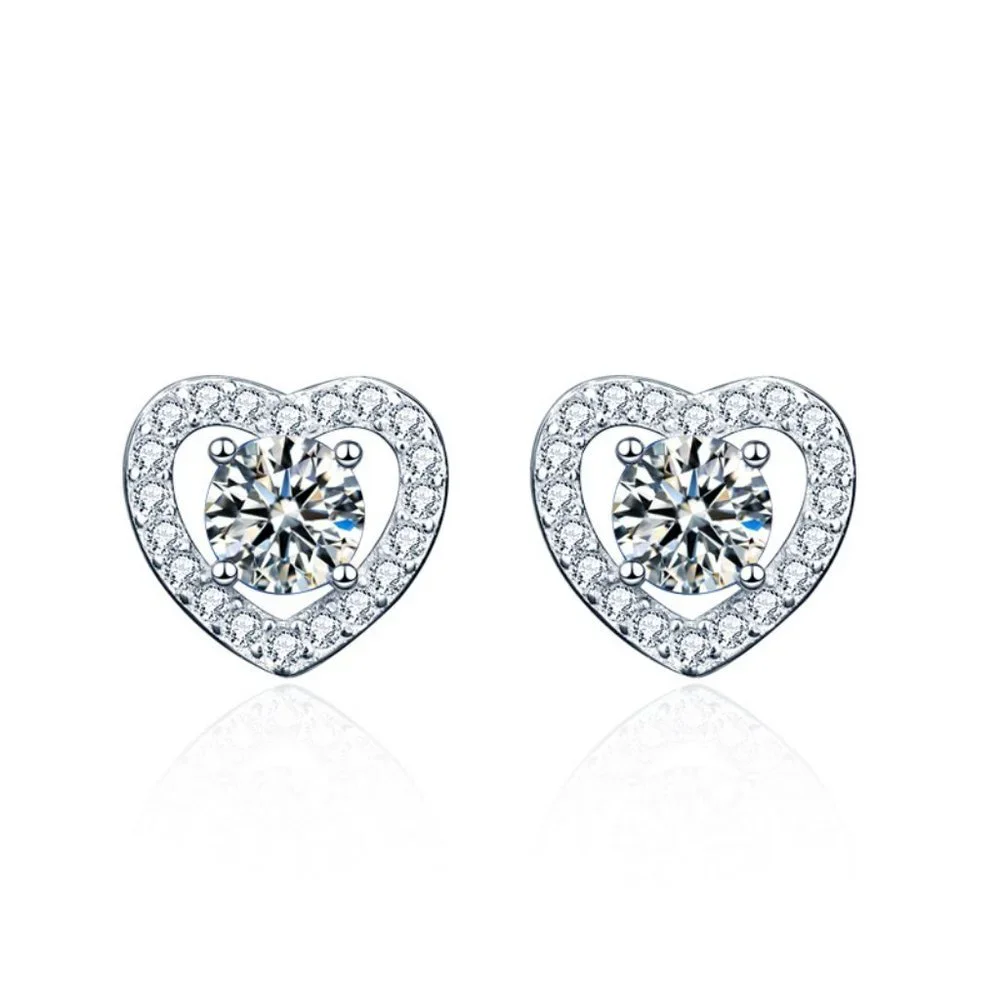 Certified 1 ct. t.w. Moissanite Diamond Heart Halo Stud Earrings NEW
